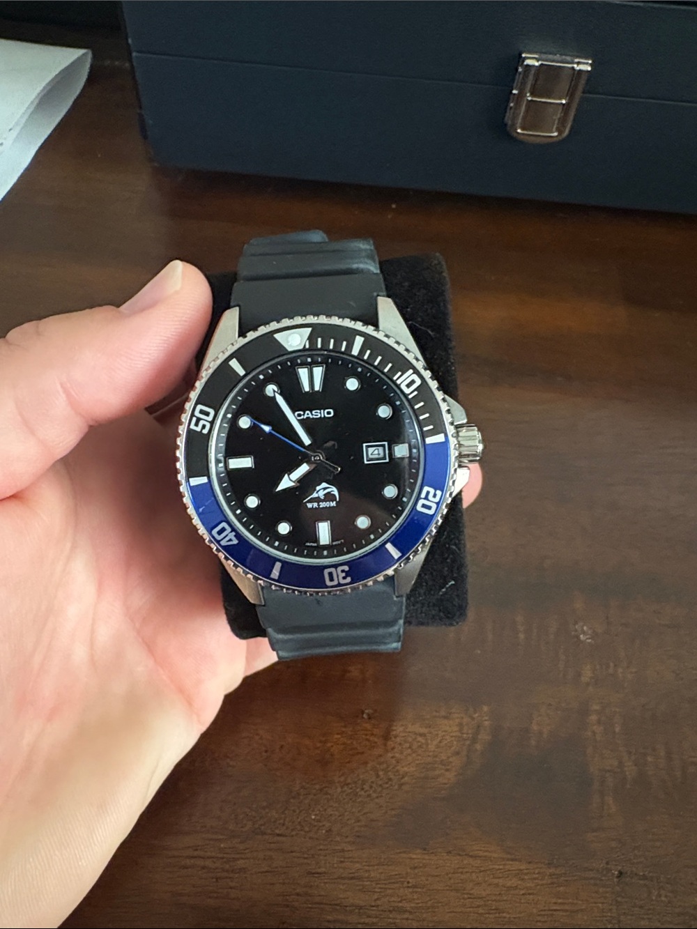 Casio MDV Black Dial Watch with Blue Accent Bezel